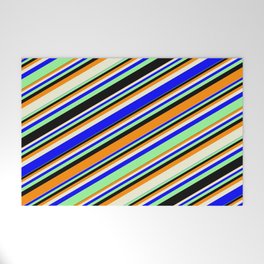 [ Thumbnail: Vibrant Dark Orange, Beige, Blue, Green, and Black Colored Lines/Stripes Pattern Welcome Mat ]