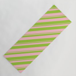 [ Thumbnail: Green & Pink Colored Stripes Pattern Yoga Mat ]