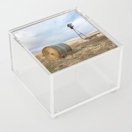 Prairie Life - Old Windmill and Round Hay Bale on Autumn Day in Oklahoma Acrylic Box