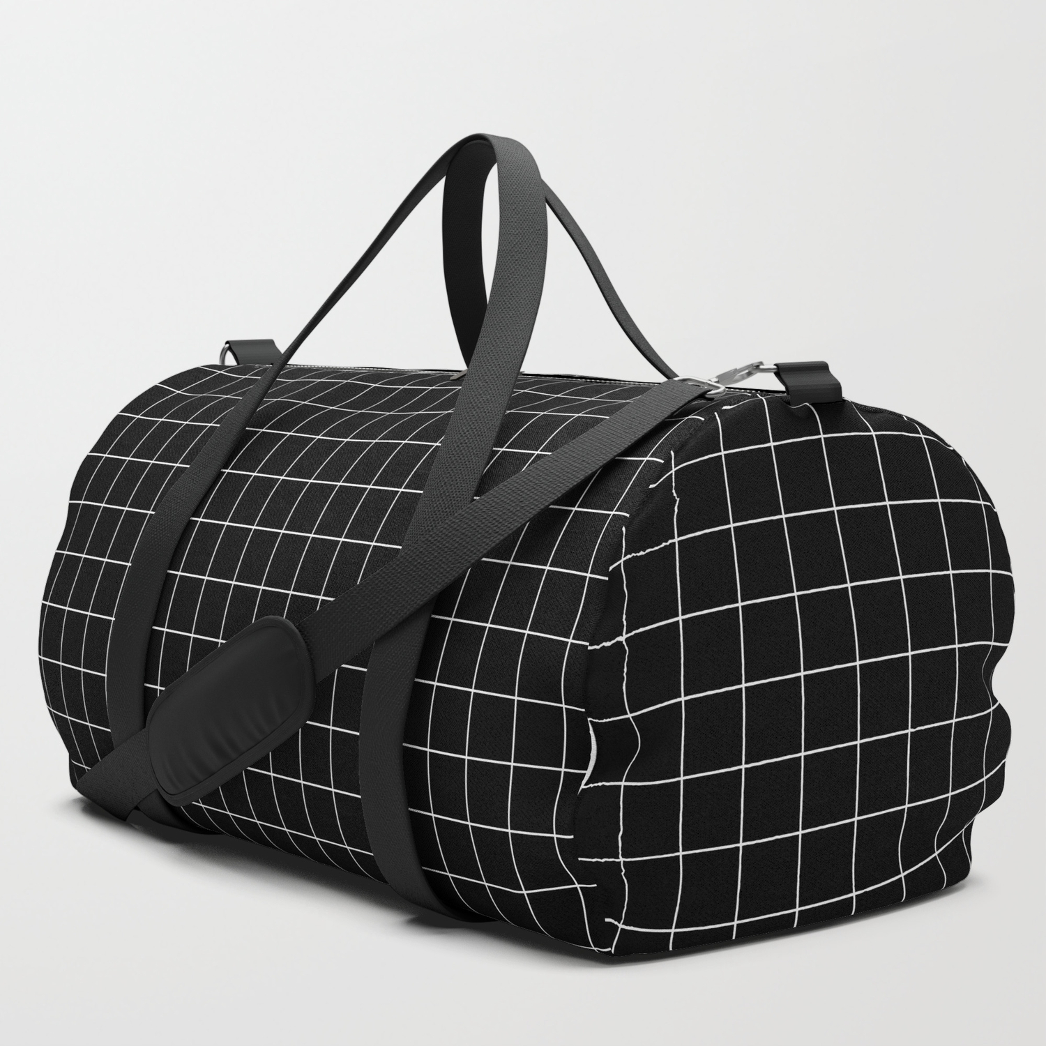 Small White Grid On Black Duffle Bag By Podartist