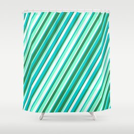 [ Thumbnail: Dark Turquoise, Sea Green, Aquamarine, and Mint Cream Colored Striped/Lined Pattern Shower Curtain ]