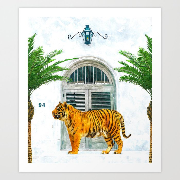94 Tropical, Greece Architecture Buildings Tiger Wild Cat Watercolor Palm Travel Bohemian Painting Art Print