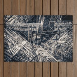 Lookin Up Tour Eiffel Tower framework staircase abstract iron grid lattice black and white Outdoor Rug