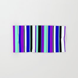 [ Thumbnail: Dark Violet, Aquamarine, Black, Mint Cream & Blue Colored Pattern of Stripes Hand & Bath Towel ]