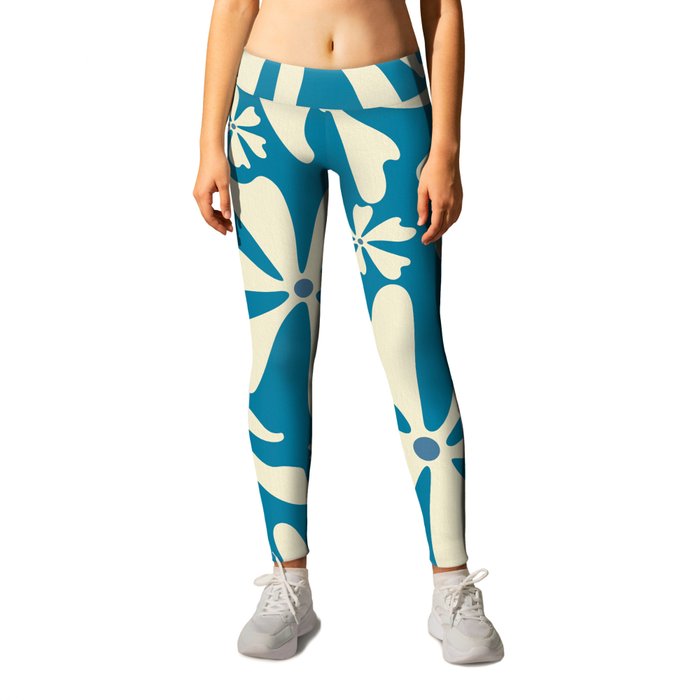 Groovy Flowers and Leaves in Light Yellow and Celadon Blue Leggings