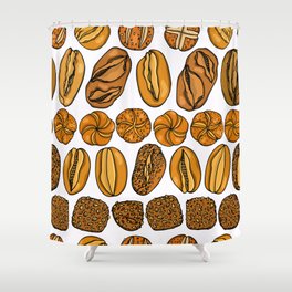  seamless pattern with hand drawn traditional German buns and loafs. Ink drawing, graphic style. Beautiful food design elements.  Shower Curtain