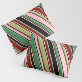 [ Thumbnail: Colorful Pink, Black, Dark Khaki, Sea Green & Dark Red Colored Pattern of Stripes Pillow Sham ]