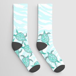 Watercolor Teal Sea Turtles on Swirly Stripes Socks