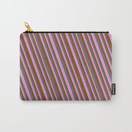 [ Thumbnail: Dim Gray, Plum & Brown Colored Stripes Pattern Carry-All Pouch ]