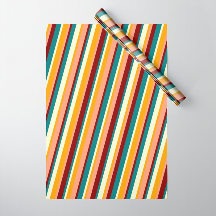Colorful Orange, Light Salmon, Dark Red, Teal & Light Yellow Colored Lines Pattern Wrapping Paper