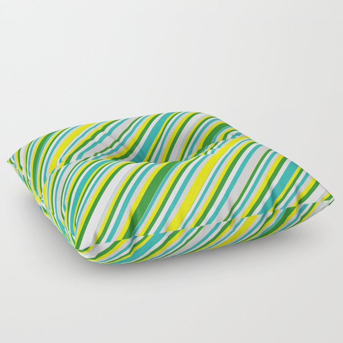 Eyecatching Yellow, Forest Green, Mint Cream, Light Sea Green, and Light Grey Colored Lined Pattern Floor Pillow