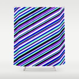 [ Thumbnail: Vibrant Blue, Aquamarine, Black, Purple, and Mint Cream Colored Lined Pattern Shower Curtain ]