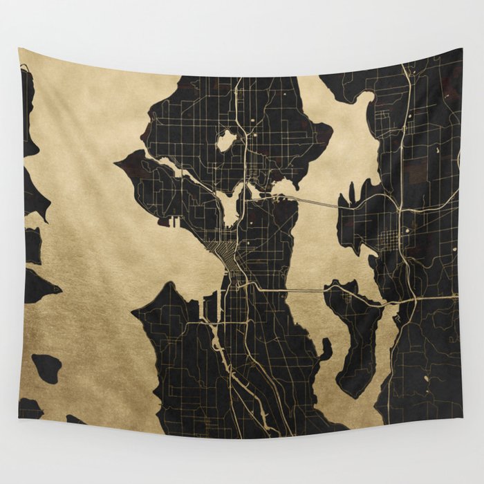 Seattle Black and Gold Map Wall Tapestry