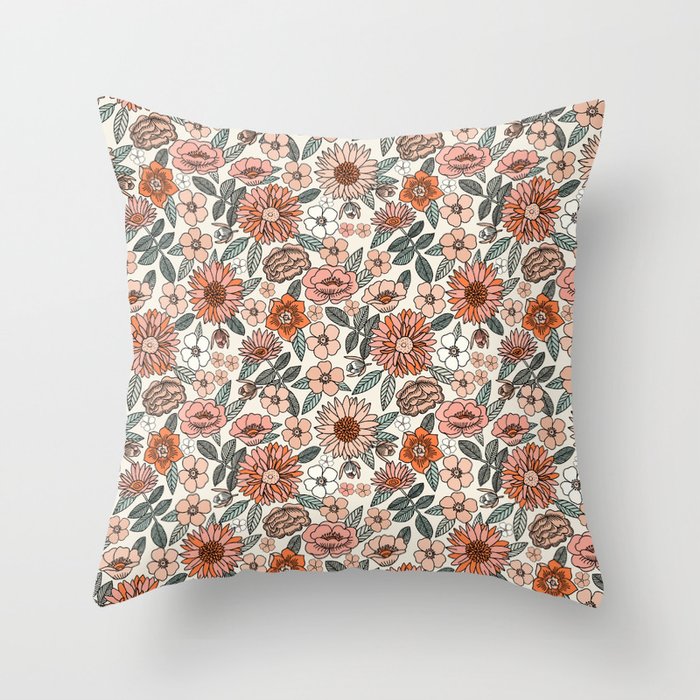 70s flowers - 70s, retro, spring, floral, florals, floral pattern, retro flowers, boho, hippie, earthy, muted Throw Pillow