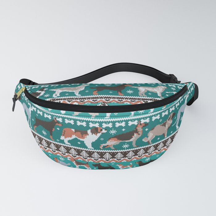 Fluffy and bright fair isle knitting doggie friends // pine and java green background brown orange white and grey dog breeds  Fanny Pack