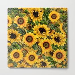 Vintage & Shabby Chic - Noon Sunflowers Garden Metal Print | Bohemian, Flowers, Sunflower, Fallretro, Night, Painting, Floral, Flower, Leaves, Botanical 