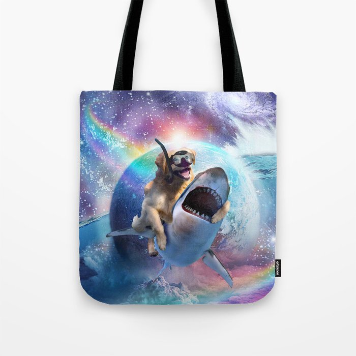 Rainbow Galaxy Golden Retriever Dog Riding Shark Space Tote Bag