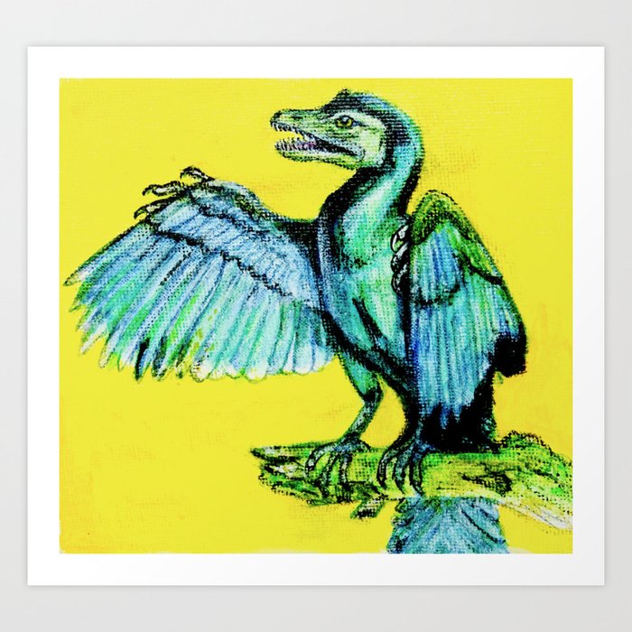 Yellow Archaeopteryx Feathered Dinosaur Art Print