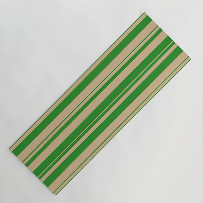 Forest Green and Tan Colored Striped/Lined Pattern Yoga Mat