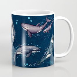"Orca Pod in Watercolor" by Amber Marine, (Navy Blue Version) Killer Whale Art, © 2019 Coffee Mug