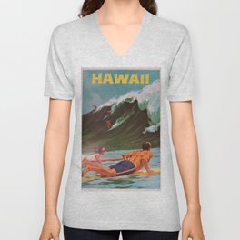 1964 Vintage Hawaii Surfing Poster by Chas Allen V Neck T Shirt