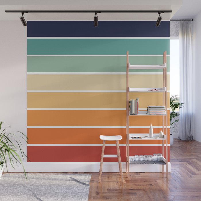 Retro rainbow palette stripes 70s on white 2 Wall Mural