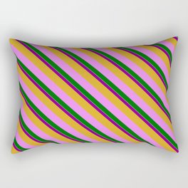 [ Thumbnail: Vibrant Purple, Goldenrod, Violet, Dark Green & White Colored Lined Pattern Rectangular Pillow ]
