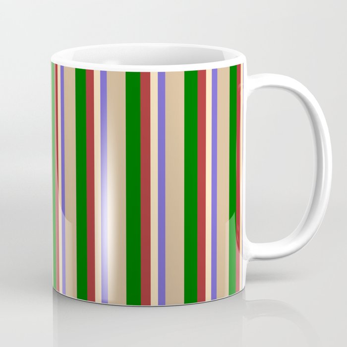 Colorful Slate Blue, Beige, Brown, Dark Green, and Tan Colored Lines Pattern Coffee Mug
