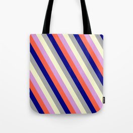 [ Thumbnail: Colorful Plum, Red, Blue, Dark Grey & Light Yellow Colored Lines/Stripes Pattern Tote Bag ]