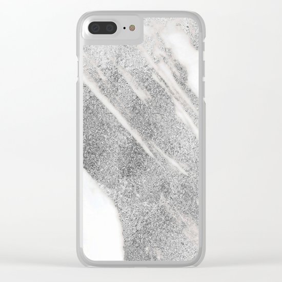 Marble - Silver Glitter on White Metallic Marble Pattern Clear iPhone Case