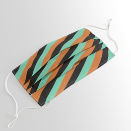[ Thumbnail: Black, Aquamarine, and Chocolate Colored Pattern of Stripes Face Mask ]