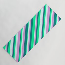 [ Thumbnail: Plum, Teal, Green & Light Cyan Colored Striped Pattern Yoga Mat ]