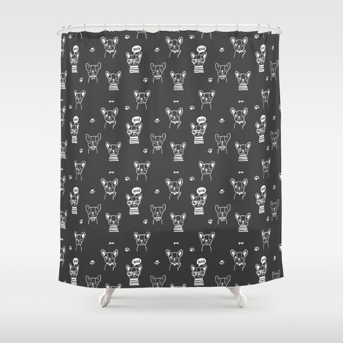 Dark Grey and White Hand Drawn Dog Puppy Pattern Shower Curtain