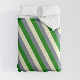 [ Thumbnail: Light Yellow, Slate Gray, and Green Colored Lined Pattern Comforter ]