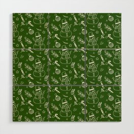 Green and White Christmas Snowman Doodle Pattern Wood Wall Art