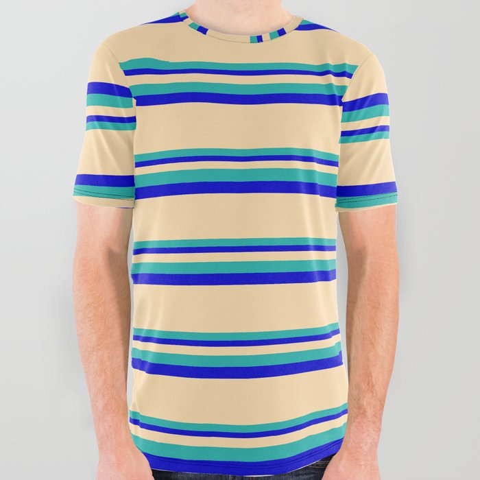 Tan, Light Sea Green & Blue Colored Striped Pattern All Over Graphic Tee
