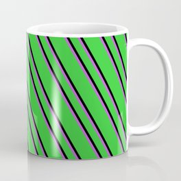 [ Thumbnail: Lime Green, Black, and Orchid Colored Stripes Pattern Coffee Mug ]
