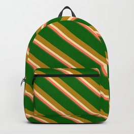 [ Thumbnail: Eyecatching Dark Green, Dark Goldenrod, Beige, Coral & Dark Olive Green Colored Lined Pattern Backpack ]