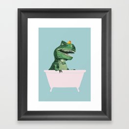 Playful T-Rex in Bathtub in Green Framed Art Print