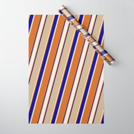 [ Thumbnail: Tan, Beige, Chocolate & Dark Blue Colored Lines Pattern Wrapping Paper ]