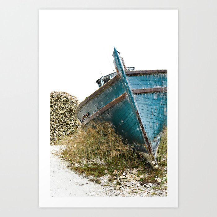 Bluegreen Teal Blue Boat Wooden Boats Fishing Vessel Crab Oyster Seafood Washington Willapa Bay Northwest Nautical Art Print