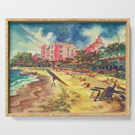 Hawaii's Famous Waikiki Beach landscape painting Serving Tray