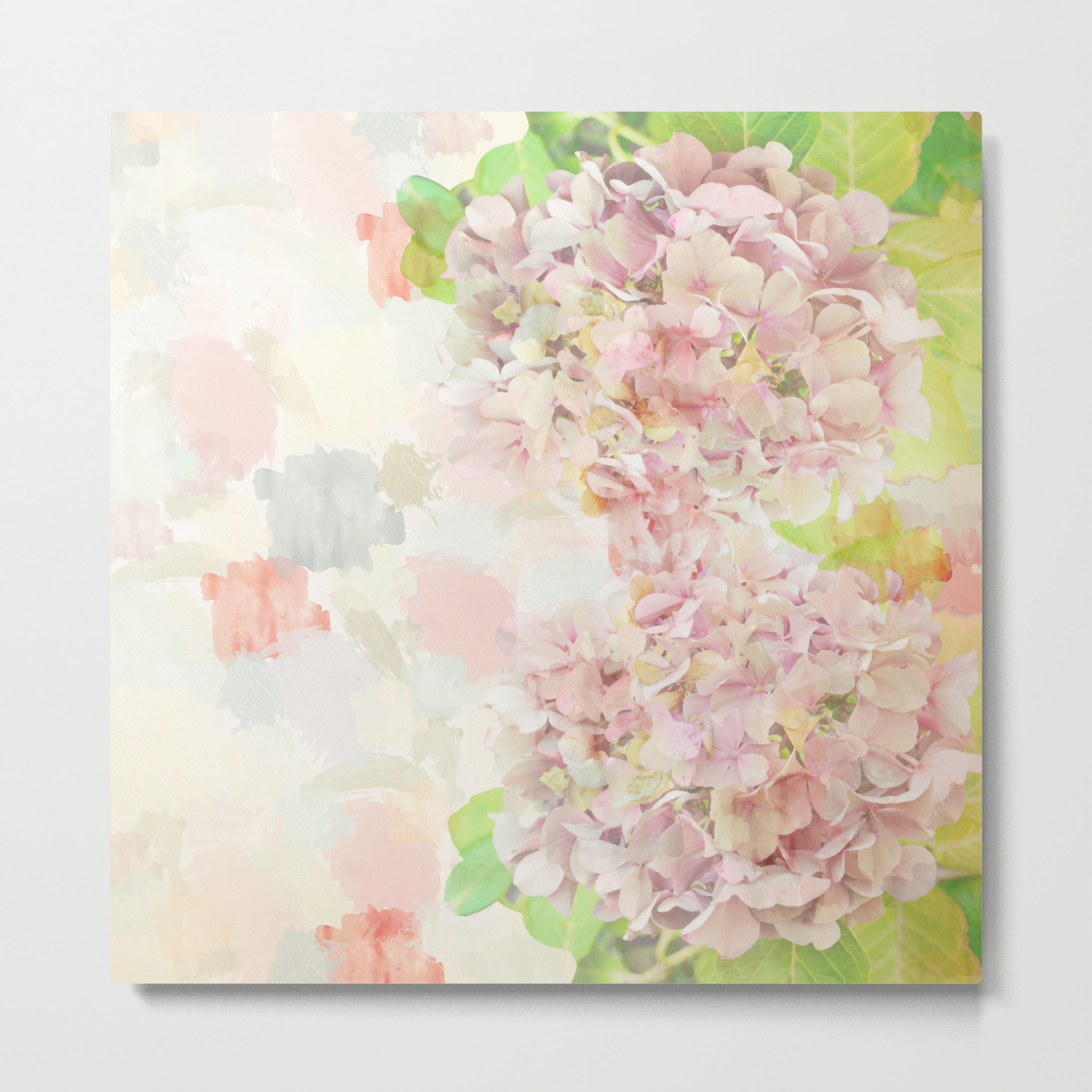 Pink Hydrangeas On A Soft Pastel Abstract Background Metal Print