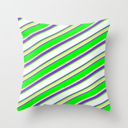 [ Thumbnail: Lime, Tan, Mint Cream & Purple Colored Lined Pattern Throw Pillow ]