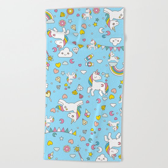 Unicorn Light Blue Pattern Beach Towel
