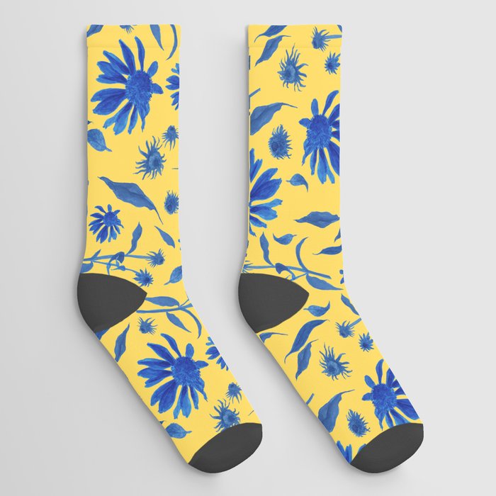 Elegant Blue Yellow Cone Flowers Floral Pattern Socks