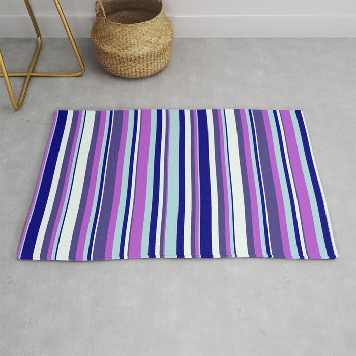 Colorful Blue, Powder Blue, Orchid, Dark Slate Blue & Mint Cream Colored Lined/Striped Pattern Rug