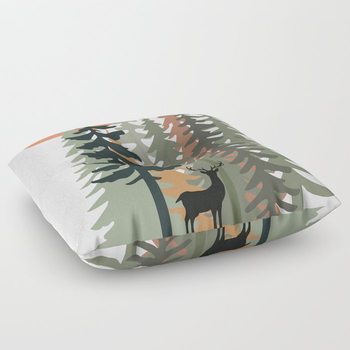 landscape. stones and green Christmas forest trees, deer, and sunrise. Floor Pillow