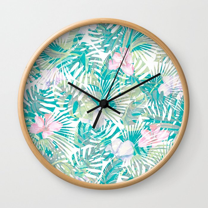 Tropical pink jade green turquoise monstera leaves pattern Wall Clock