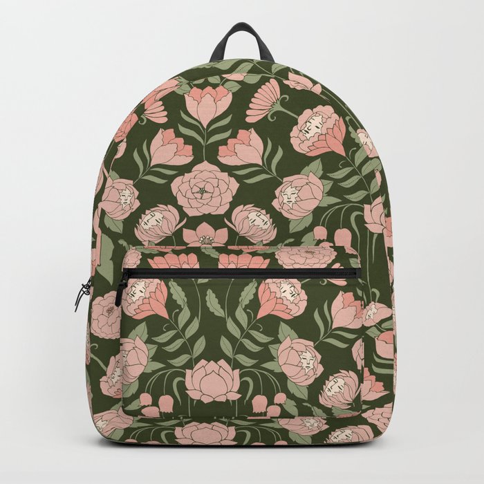 Mystery Garden Victorian Green Floral Faces Backpack